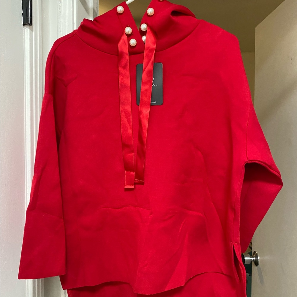 Red Hoodie with Pearl Accents. Size:Small